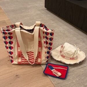 Anthropologie Cream and Blue Heart Tote